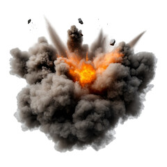 Massive explosion with bright yellow and orange flames, billowing smoke, and dynamic motion of debris isolated on a transparent background