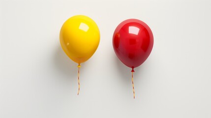 A pair of vibrant balloons in red and yellow floating against a plain white background.