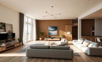 Fototapeta premium Modern interior japandi style design livingroom lighting and sunny scandinavian apartment with plaster and wood 3d render generative ai Japandi interior design interior design japandi style modern