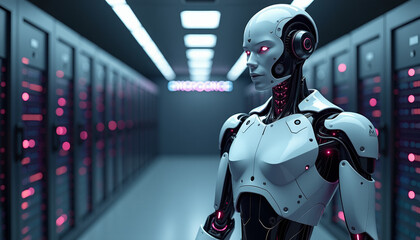 Futuristic Robot in a Server Room