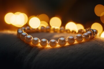 Pearl bracelet with sparkling bokeh lights on a soft velvet background, creating elegance.