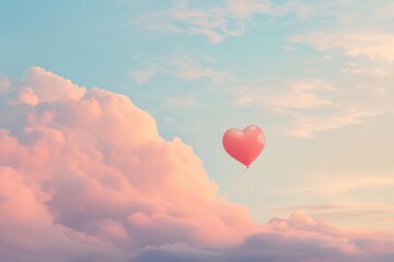 Fototapeta premium Pink heart-shaped balloon floating in the sky with soft, fluffy clouds.