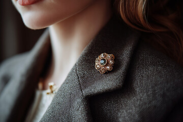 Close-up of a pair of vintage-style brooches pinned to a model's lapel, detailed texture of the gemstones clearly visible.