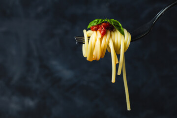 Italian spaghetti on fork on dark background. Close up.