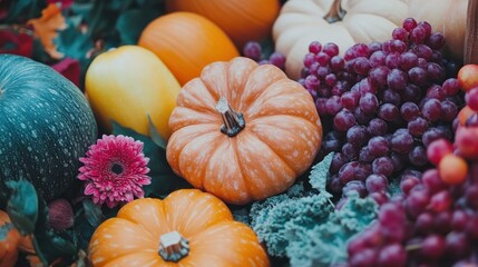 Autumn Harvest Abundance: A Bountiful Display of Pumpkins, Grapes, and Seasonal Delights