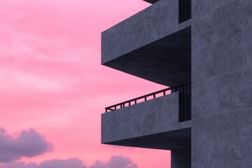 ピンクの空に浮かぶ現代的な建物のバルコニー