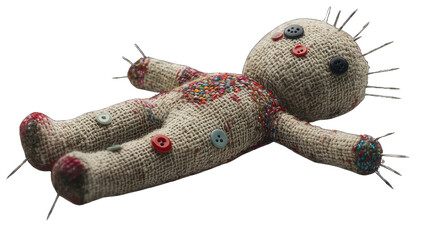 Close-Up of a Handmade Voodoo Doll with Button Eyes and Pins