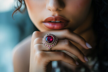 Naklejka premium Soft-focus image of a model wearing a cocktail ring with an oversized ruby centerpiece, her hand resting on her chin.