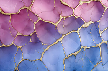 Abstract alcohol ink artwork with vibrant blue and purple tones blending seamlessly, intricate patterns reminiscent of a night sky, golden accents adding depth and a dreamy quality