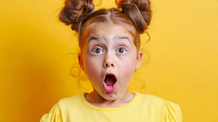 A very surprised little girl with wide open eyes and mouth on a yellow background	