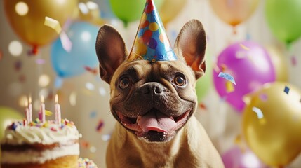 A joyful dog wearing a party hat next to a birthday cake and colorful balloons.