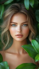 Fototapeta premium A close-up portrait of a young woman surrounded by lush green leaves.