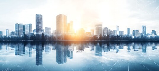 Fototapeta premium A modern office skyline with abstract geometric shapes in the foreground and plenty of empty space for text