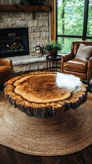 Rustic-Chic Living Room with Reclaimed Wood Coffee Table, Leather Armchairs, and Modern Stone Fireplace