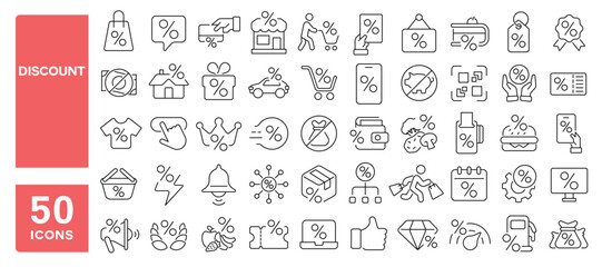 Set of 50 line icons related to discount, percent, code, cut, shopping, coupon, gift, price, bounce, retail, decrease, Editable stroke. Vector illustration