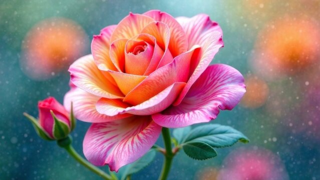 Valentine's day festive background with A pink and orange rose is the main focus of the image. The rose is surrounded by other flowers, creating a colorful and vibrant scene. Scene is cheerful and upl