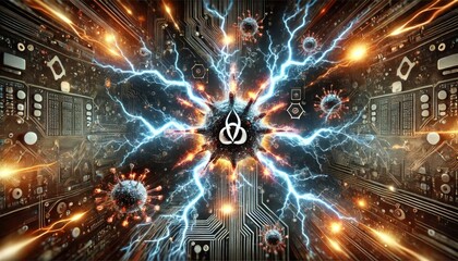 Fototapeta premium Cyberattack Visualization with Lightning Bolts and Virus-Like Digital Patterns: High-Tech Realistic Depiction in Dramatic Lighting