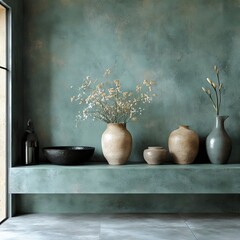 A green wall with a shelf holding vases and a bowl