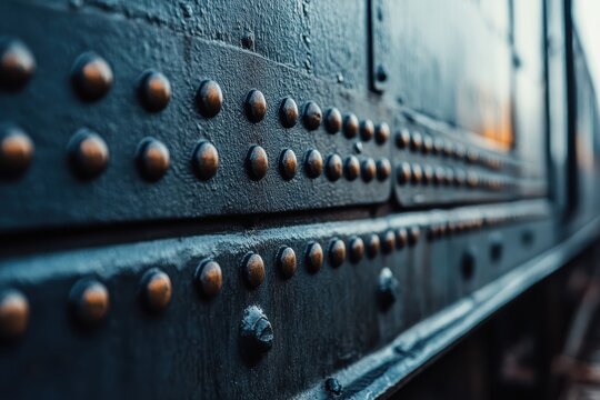 Close-up of riveted metal on a vintage train carriage, highlighting industrial texture details.