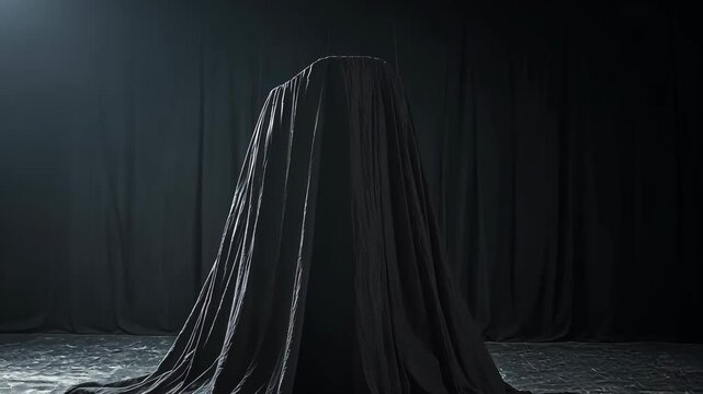 Mysterious figure covered in dark cloth amidst shadows in an artistic setting