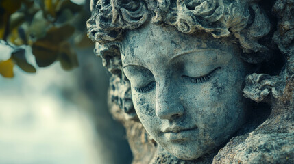 Close-up of a serene, weathered stone cherub statue.  The cool tones and detailed carving evoke a sense of peace and timelessness.