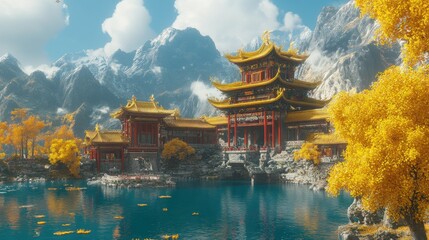 Obraz premium Serene Autumn Landscape with Traditional Architecture