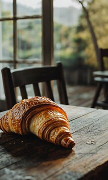 A Golden Croissant on Rustic Wooden Table, Near Window
