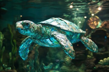 A realistic sculpture of a sea turtle crafted from colorful recycled plastic, displayed underwater in a vibrant marine environment. Highlights environmental awareness and sustainability concepts.