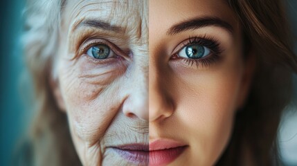 A split-face portrait showing the contrast between an older woman and a younger woman, emphasizing age differences. Ideal for illustrating aging, beauty, and generational concepts.