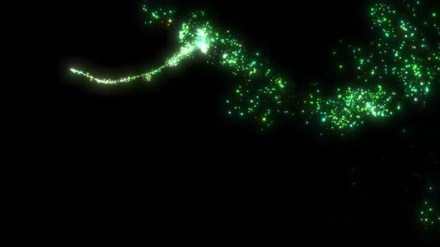4K green sparkles Particle Shining Moving on black background for text, dust flickering flying line with flashlights, Elegant blurry bokeh glitter Glow Logo revealer