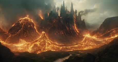 Fototapeta premium Volcano erupting molten lava with black stone ruins
