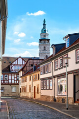 Fototapeta premium Cityscape of the idyllic town of Langensalza with tower of the Marktkirche in Thuringia , Germany
