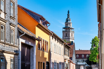 Cityscape of the idyllic town of Langensalza with tower of the Marktkirche in Thuringia , Germany
