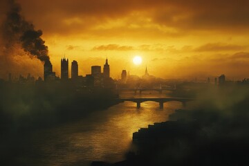 Fototapeta premium Sunset skyline over a river with smoke rising from buildings in a bustling city