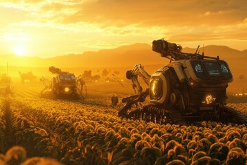 Fototapeta premium Futuristic harvesting machines working in a golden field during sunset in a rural landscape