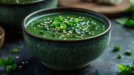 A bowl of green soup with green herbs and sesame seeds