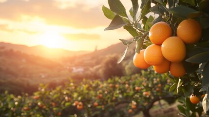 Scenic Orange Orchard Under Dramatic Sky