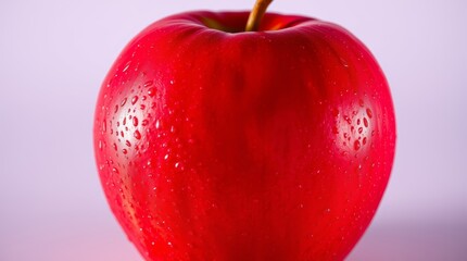 Obraz premium Fresh red apple with droplets on a light purple background