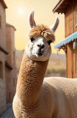 Cheerful Alpaca in a Rustic Village Setting on a Sunny Day