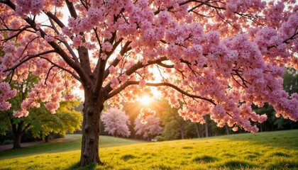 Fototapeta premium Blooming tree in sunset light