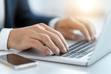 Fototapeta premium Close-up of hands typing on a laptop, with a smartphone beside. Ideal for business, technology, or remote work themes. Captures professionalism and digital communication.