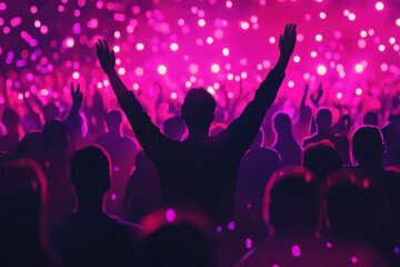 Crowd celebrating at a vibrant concert with glowing lights and raised hands