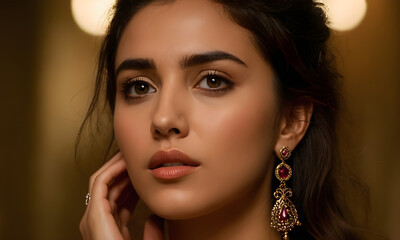 Beautiful latin woman posing touching her face with hand