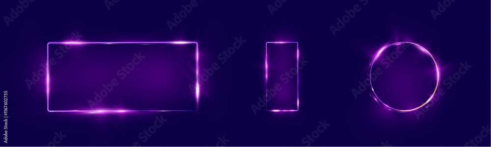 Aufkleber purple neon glowing shapes on dark background, featuring a circle, rectangle, and vertical rectangle
