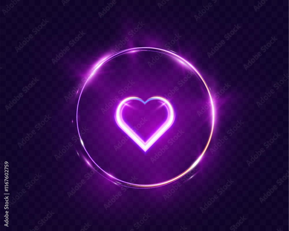 Poster glowing neon heart inside a circular frame with purple light effects on a dark transparent backgroun