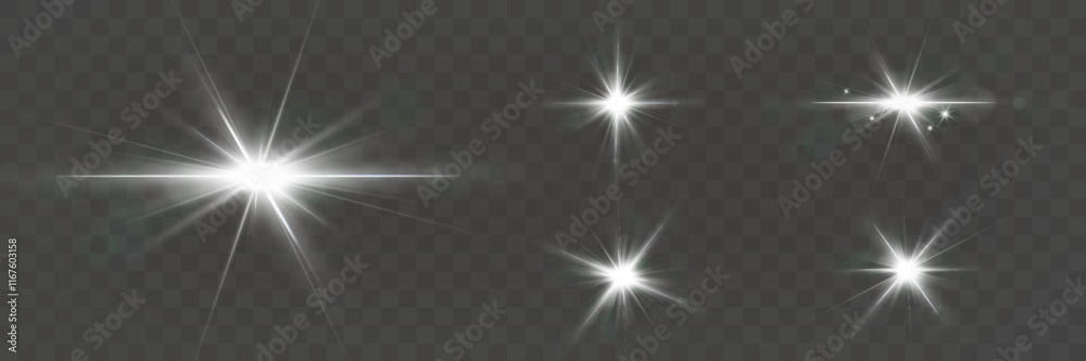Poster bright sparkling light effects with starburst flares and glowing beams on a dark transparent backgro