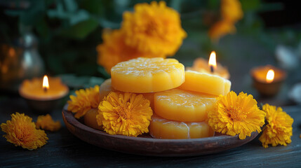 Bright yellow marigold flowers surround a plate of traditional Indian sweets during the celebration of Vasant Panchami. Candles add warmth to the festive atmosphere