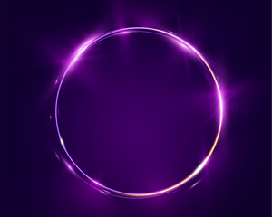 Purple neon glowing circle on dark background, featuring a circle, rectangle, and vertical rectangle with light flares and soft gradients. Elegant futuristic light effects suitable for digital design.