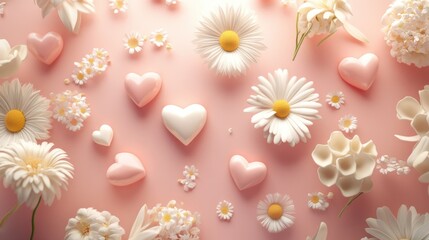 A delicate arrangement of flowers and heart-shaped treats on a soft pink background.