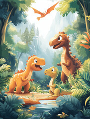 Naklejka premium Exploring a vibrant woodland with friendly dinosaurs under a soft light